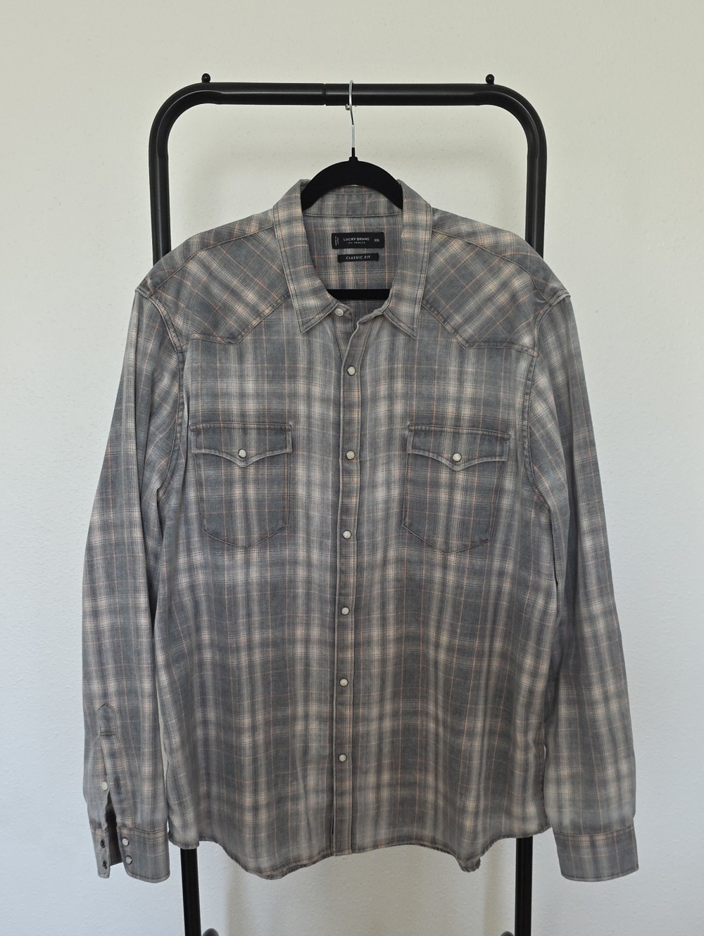 Lucky Brand Gray Plaid Western Snap Shirt